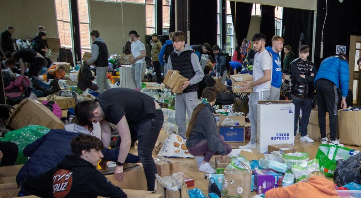 Students preparing donations for Ukraine